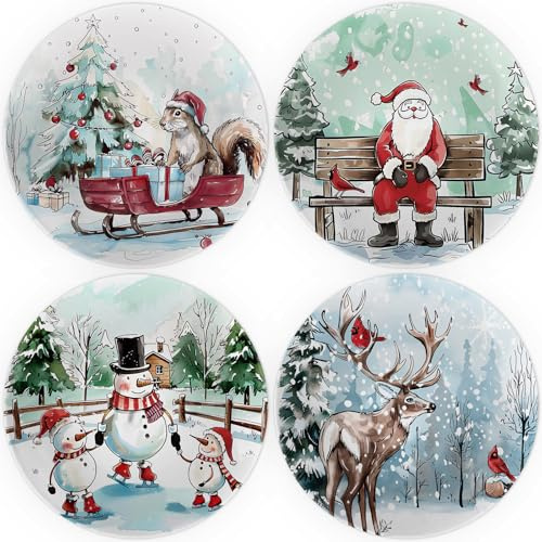 Viynran 10 Christmas Melamine Plate Set – Dishwasher-Safe, Festive Round Plates with Santa, Snowman, Reindeer & Squirrel Watercolor Designs – Holiday Dinnerware for Table Decor & Parties (Set of 4)