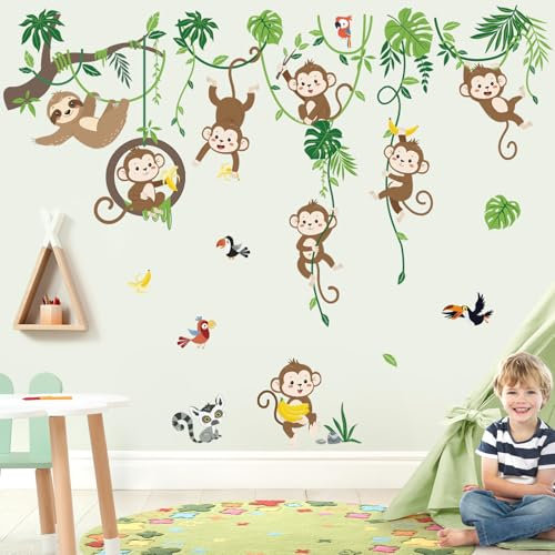 decalmile Stickers Muraux Enfant Animaux Sauvages Singe Autocollant Mural Animaux de la Jungle Arbre Branche Vigne Décoration Murale Bébé Pépinière Chambre Enfants