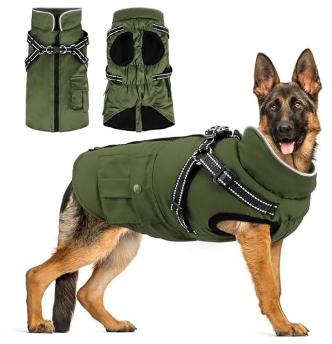 Woiil Hundemantel Hundejacke Wintermantel für Grosse Hunde, Hundemantel Winter mit Geschirr, Hunde Wintermantel Ärmellose Baumwolle Gepolsterte Weste Wasserdicht Warme Reflektierend, Armeegrün 3XL