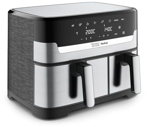 Jamie Oliver by Tefal Dual Drawer Heißluftfritteuse 8,3 L – Airfryer mit 2 Kammern & Grillfunktion, 8 Programme, Sync-Modus für gleichzeitiges Garen, fettarm frittieren & energiesparend EY90JDE1