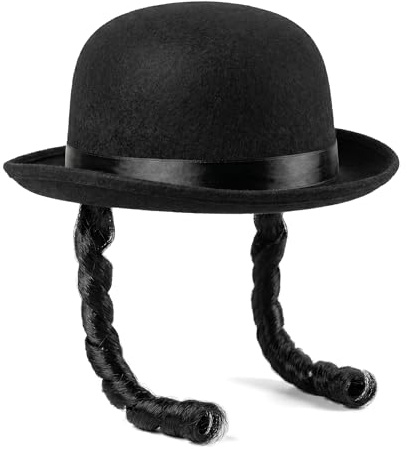 WHELPAW Traditional Rabbi Hat – Upswept Brim, Side Curls, Purim & Theater | Upswept Brim, Black Felt, Detachable Payes, One Size Fits Most, Orthodox Synagogue Accessory