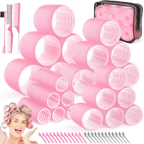 Obeoby 4 Sizes Hair Rollers for Women, Hair Curlers with Clips Comb Curlers for Long Short Curly Hair and Bangs (25, 36, 48, 60mm), Pink Mothers Day Birthday Gifts