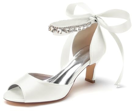 LRMYMHY Zapatos De Novia De Tacón Gatito Bajo Y Elegante para Mujer Sandalias De Tacón Abierto Correa De Tobillo Zapatos De Noche De Fiesta,Marfil,38 EU