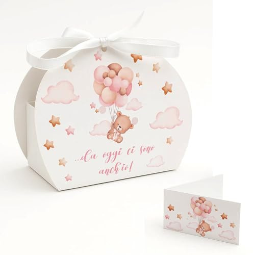 PV Grafik® 24PZ Bomboniere Nascita Orsetto, Scatoline Portaconfetti Bimba, Scatola Confetti Baby Shower Benvenuta Bambina Scatole Confetti per Confetteta, Set con Bigliettino e Nastrino (40BL)