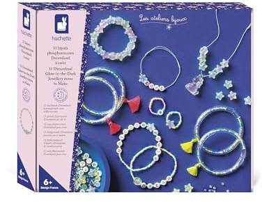 Janod - 11 Fosforescerande smycken att göra - 8 armband + 2 ringar + 1 halsband + 500 pärlor - lyser i mörkret - kreativt kit för barn - från 6 år