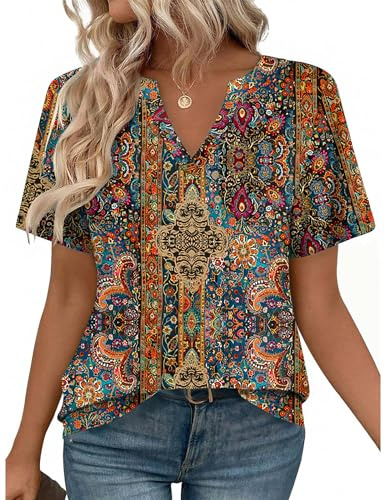 Zeagoo Camiseta Mujer Manga Corta Camiseta Cuello En V Elegante Tops Verano Casual Blusa Camisetas S-3XL