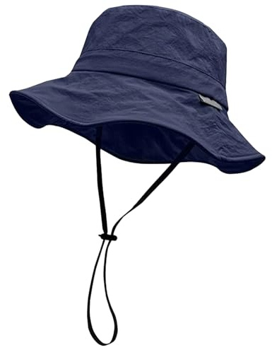 JFAN Bob Chapeaux de Soleil Unisexe Pliable Imperméable Bucket Hat Anti UV Outdoor Chapeaux de Randonnée Homme à Large Bord avec Corde Coupe-Vent,Bleu Marine Taille Unique