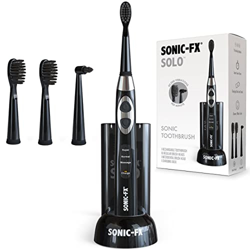 Sonic-FX Solo Electric Toothbrush - 3 Brushing Modes - with Intelligent Auto-Timer, Includes 2 Tooth Brush Heads, and 1 Interdental Head, Rechargeable, Electronic Charging/Storage Base (Black)
