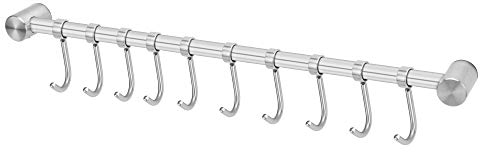 Intirilife Hanging Rail for The Kitchen Made of Stainless Steel with 10 Movable Hooks for Drilling - 52.6 x 3.4 x 2.2 cm - Kitchen Railing Hook Rail Holder Kitchen Utensils Rod Cup Holder Wall Holder