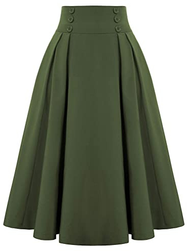 Minetom Jupe Plaid Longue Plissée Femme Vintage A-Ligne Taille Haute Midi Jupes Swing Jupe Évasée Printemps Automne B2 Vert XL