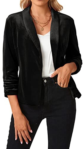 MINTLIMIT Womens 3/4 Sleeve Velvet Blazers Tailored Jacket Formal Suit,B-Black,XL