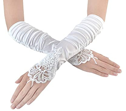 SUNTRADE Fingerlose Damenhandschuhe, Spitze, Satin, gefaltet, Brautparty, Pailletten, elegant, Weiss/opulenter Garten, Einheitsgröße