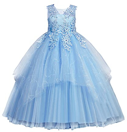 LOLANTA Vestito Cerimonia Bambina, Abito Fiori Prima Comunione Bambine, Vestiti da Ballo in Tulle di Pizzo Eleganti, Abito in Pizzo Floreale, Blu, 8-9 Anni, 140