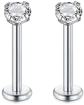 Rajnard Silber Lippenpiercing Stud 16G 1.2mm Chirurgenstahl Helix Ohrringe 10mm Länge Cartilage Tragus Labret Piercing mit 3mm Zirkon Innengewinde Piercing Schmuck für Frauen Männer