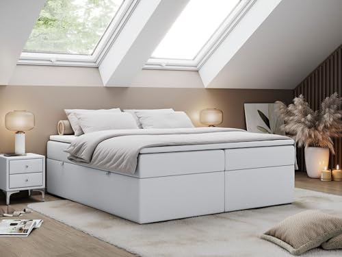 MKS MEBLE Boxspringbett 160x200 cm ohne Kopfteil mit Bettkasten, Premium Multipocket Matratze H3, mit Topper T25, Stauraumbett BESS - Weiß Kunstleder