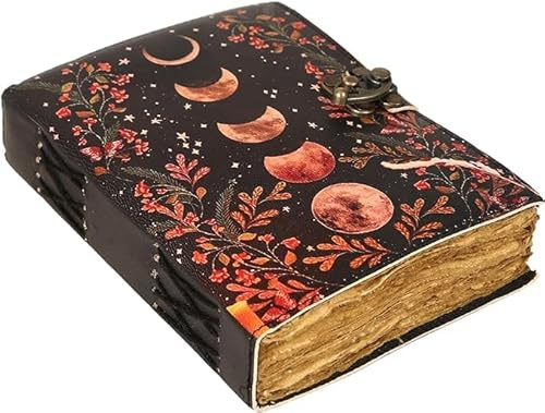 Saify Handicrafts Leeres Zauberbuch der Schatten Tagebuch mit Schloss-Verschluss Vintage Handgemachtes Leder Tagebuch Mondphasen-Druck Tagebuch Gebet Heidnische Hexerei Zubehör Wicca Dekor Notizbuch