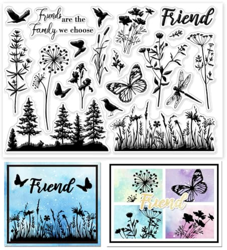 GLOBLELAND Plant and Flower Silhouettes Clear Stamps for Cards Making Butterfly and Dragonfly Clear Stamp Seals Transparent Stamps for DIY Scrapbooking Photo Album Journal Home Decoration