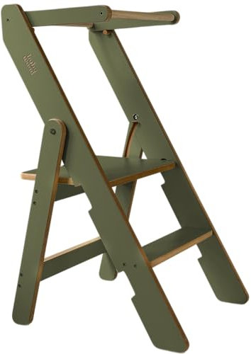 Lernturm Klappbar aus Holz, Lernturm faltbar, Küchenturm aus Holz, Klappbarer Küchenhelfer, Lerntower Montessori, Kleiner Lehrturm (Olive)