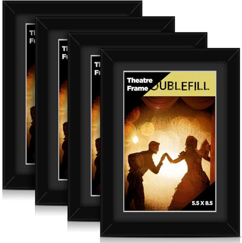 DoubleFill 4 Pcs Black Theatre Frame with Mat Fits 5.5x8.5 Inch Stage Show Program Frame Wall Hanging or Tabletop Art Frames with Easel Stand and Installed Hanger for Wall Gallery Poster (Black)