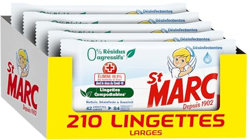 St marc Lingettes nettoyantes Désinfectantes 0% Résidus Agressifs, Compostable - 42 lingettes antibactérien larges en Lot de 5 (Total 210 lingettes)