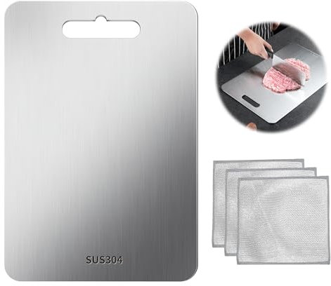 Planche à Découper en Acier Inoxydable 304, anti-moisissure sans BPA coupe-cuisine durable pour Viande Fromage Planches à Découper 39x28 cm Avec Chiffons de Nettoyage réutilisables à Double Couche