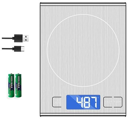 Diyife 15kg Küchenwaage aus 304 Edelstahl, Wiederaufladbar Lebensmittelwaage, Digitalwaage Briefwaage mit LED-Display &Tara Funktion, Batterien und Typ-C Aufladen, Digitalwaage für Kochen, Backen
