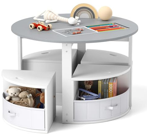 COSTWAY Kindertisch mit 4 Stühlen rund, 5 teilige Kindersitzgruppe aus Holz mit 4 Stauraumhocker & 4 Stoffschubladen, Maltisch platzsparend für Kinderzimmer, Sitzgruppe für Kinder ab 3 Jahren (Grau)