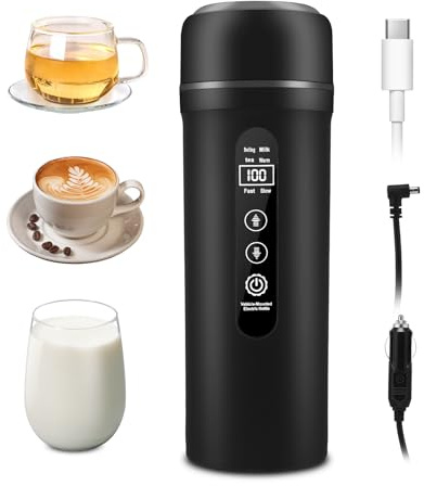 12V/24V Car Electric Kettle, Small Electric Water Kettle for Travel, 500 mL Portable Car Water Boiler for Brewing Coffee Tea,LCD Display 316 Stainless Steel Truck Heating Cup (black)
