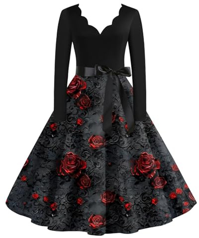 Robe vintage pour femme avec motif rose et ceinture à nœud - Robe swing à manches longues style années 50 - Robe de cocktail élégante pour les occasions festives, Style_s02 Noir, XXL