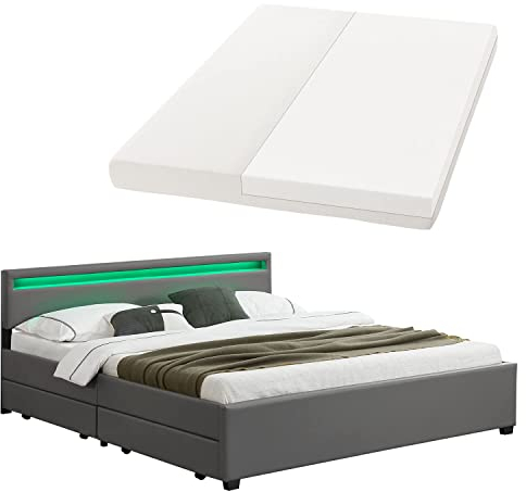 Juskys Polsterbett Lyon 180x200 cm mit Matratze, Bettkasten, LED Beleuchtung, Lattenrost & Kopfteil, grau, Bett Bettgestell Doppelbett Ehebett