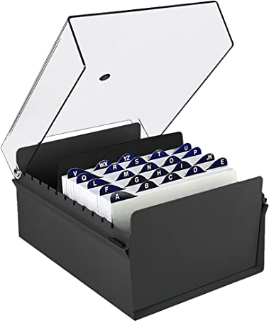 Acrimet 5 x 8 Karteikartenhalter Organizer mit Metallbasis, Robust (Inklusive AZ-Indexkarten und einem Kunststoff-Trenner) (Schwarze mit klarer Kunststoffdeckelabdeckung)