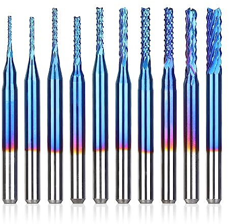 SainSmart Genmitsu 10Pcs Nano Blue Coat Schaftfräser-Satz CNC Fräser für Holz PVC Aluminium, 0,8-3 mm, 1/8 Schaft