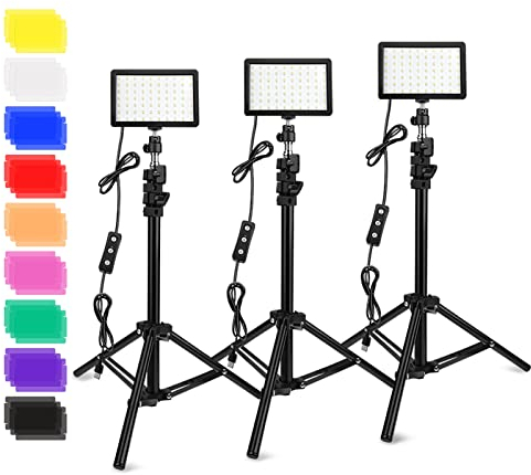 3 Paquetes Luz de Vídeo LED con Soporte de Trípode/Filtros de Color, Obeamiu 5600K USB Estudio Iluminación Fotografia Foco luz para Fotografía Grabación de Video Youtube Transmisión de Juegos