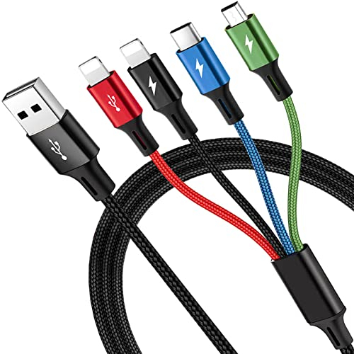 Multi Charger Cable [3.5A 1.8M] 4 in 1 Nylon Braided USB Charging Cable, Multi Fast Phone USB Cable with Micro USB/Type C/iP Ports for Phone 15 14 13 12 11,Android Galaxy,Huawei,Nexus, Nokia,LG,PS4/5