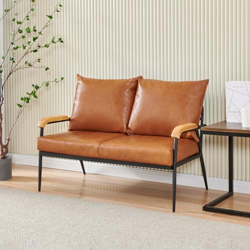 LEMROE Canapés 2 Places Modernes en Cuir avec Cadre en métal et accoudoirs en Bois pour Salon, Chambre d'amis, Bureau