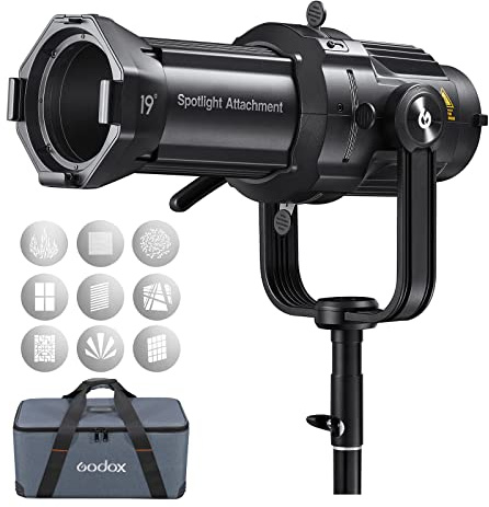 Godox VSA-19K Spotlight Attachment Kit,Conical Snoot with 19° Projection Lens and 9 Gobos for Bowens Mount Flash Speedlite,Studio Strobe Monolight,Photography LED Light and Video Light