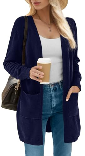 IWOLLENCE Cardigans en tricot longs pour femmes - Manches longues - Doux - Polaires d'hiver - Cardigan avec poches, 04 Bleu marine, L