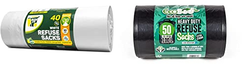 BIN IT 40 White Drawstring 30L Strong & Secure, Refuse Sacks, Bin Bags, Bin Liners, Recycled, Tear Resistant & Eco Bag 50 Heavy Duty Refuse Sacks, Black, 1x