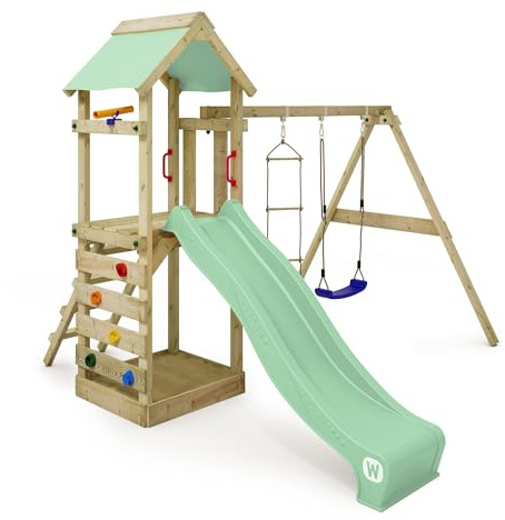 WICKEY Spielturm Klettergerüst FreeFlyer mit Schaukel & pastellgrüner Rutsche, Outdoor Kinder Kletterturm mit Sandkasten, Leiter & Spiel-Zubehör für den Garten