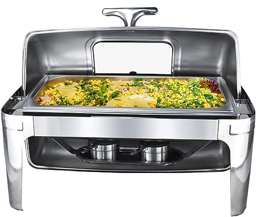 Chafing Dish - Juego de bandejas de buffet de acero inoxidable de 9 l con tapa enrollable totalmente retráctil, para restaurante, catering, fiestas, bodas, picnics (visible)