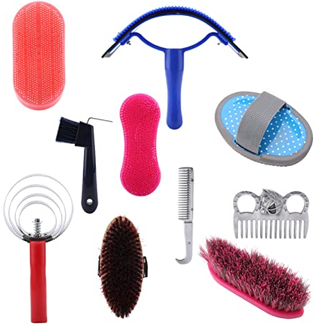 Pferdebürsten-Set, 10-TLG Pferde Putzzeug Putzsachen set Horse Grooming kit Putzbox Pferdereinigungs-Pflegeset Pferdereinigungswerkzeug-Set