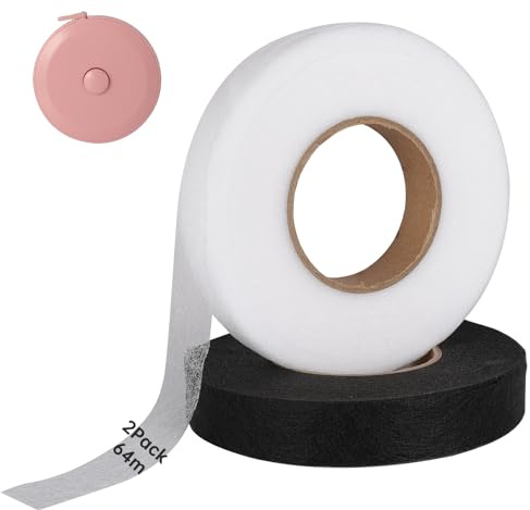 CYZBL 2Pcs Double-Sided Adhesive Hem Tape, 70Yards*20mm Iron on Hemming Web Tape, Wonder Web Fabric Fusing Fusible Hem Gluing Strip, No-Sewing Fabric Strip Roll with Tape Measure for Skirt