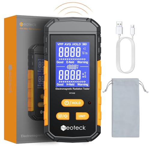 Neoteck 3-IN-1 EMF-Messgerät Wiederaufladbarer Strahlungsdetektor mit Akustischer Alarm Strahlungszähler 1~1999 V/m Elektrisches Feld Magnetische Temperatur EMF-Detektor für Küche Büro Fabrik