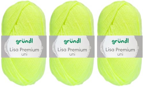 3x50 Gramm Gründl Lisa Premium Uni aus 100% Polyacryl inkl. Anleitung für Meerschwein (27 Neon Gelb)