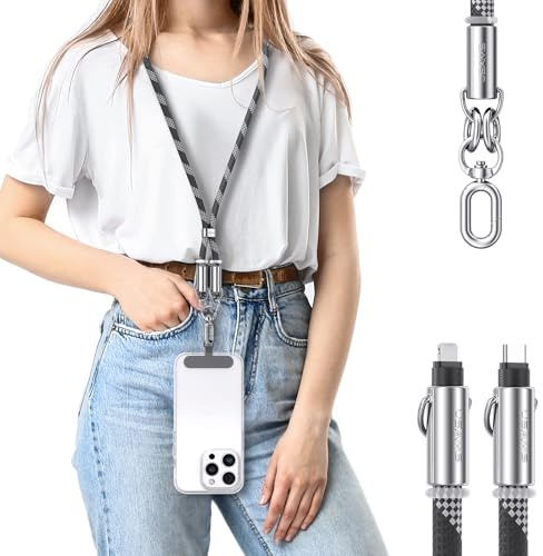 enablink Chaîne universelle pour téléphone portable, Handy Lanyard, Convient pour tous les smartphones, 30W USB câble de IP chargement Bande de téléphone portable Réglable et amovible Noir