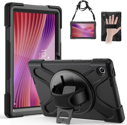Gerutek Funda Anticaída para Lenovo Tab 10,1 Pulgadas 2025, (TB-311FU/TB-311XU), Carcasa Rugosa con Soporte Giratorio, Correa de Mano/Hombro, Portalápiz, Funda para Lenovo Tab 2025 10.1 WUXGA, Negro