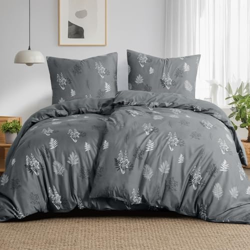 Aisbo Bettwäsche 135x200 4teilig Bettbezug - Mikrofaser Bettwäsche-Sets Floral und Blätter Blumen Muster Grau mit Reißverschluss, ÖKO-TEX Bettdeckenbezug 135x200cm mit 2 Kissenbezüge 80x80cm