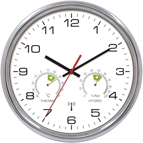 VIVILINEN Reloj de pared radiocontrolado con termómetro e higrómetro silencioso, reloj de pared sin ruido de tictac, reloj de pared radiocontrolado silencioso sin tictac, reloj colgante para salón