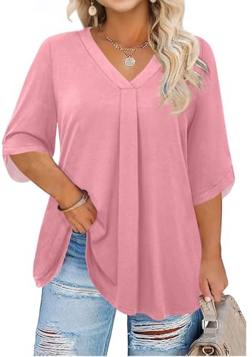 Tee Shirt Femme Grande Taille ÉLégant à Col en V Chic Chemisier à 3/4 Manches Longues Imprimé Floral/Couleur Unie Blouses A 01-Rose 2XL