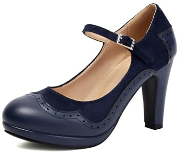 graceretro dam Mary Jane Wingtip klassisk och retro 1920-talet pumps klackar oxfordmönster vintage rund stängt tåparti 1950-talet ankelrem klänning skor, blå, 40 EU